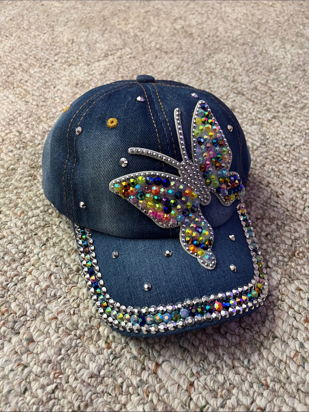 Denim Butterfly Rhinestone Multicolor Cap